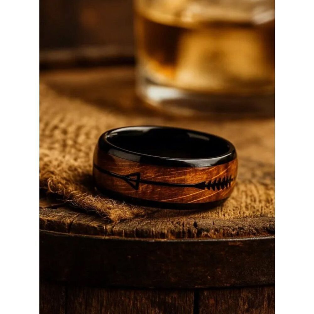 NWT Black 316L Stainless Steel Faux Wood Inlay Arrow Ring Men’s Band Size 9